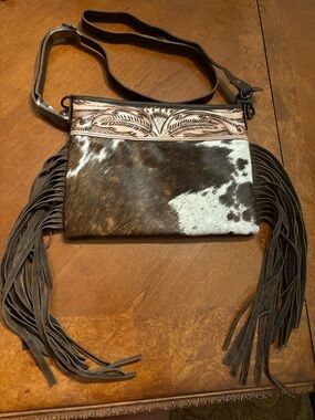 Cowhide Fringe Crossbody Bag with Tooled Leather Trim - Brown & White
